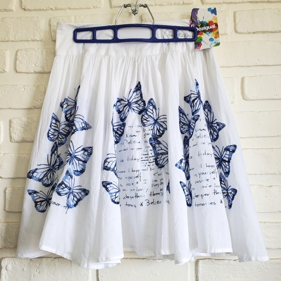 NWT Desigual Embroidered Butterfly Swing Flouncy Flowy Skirt White Blue Size S - Picture 13 of 16